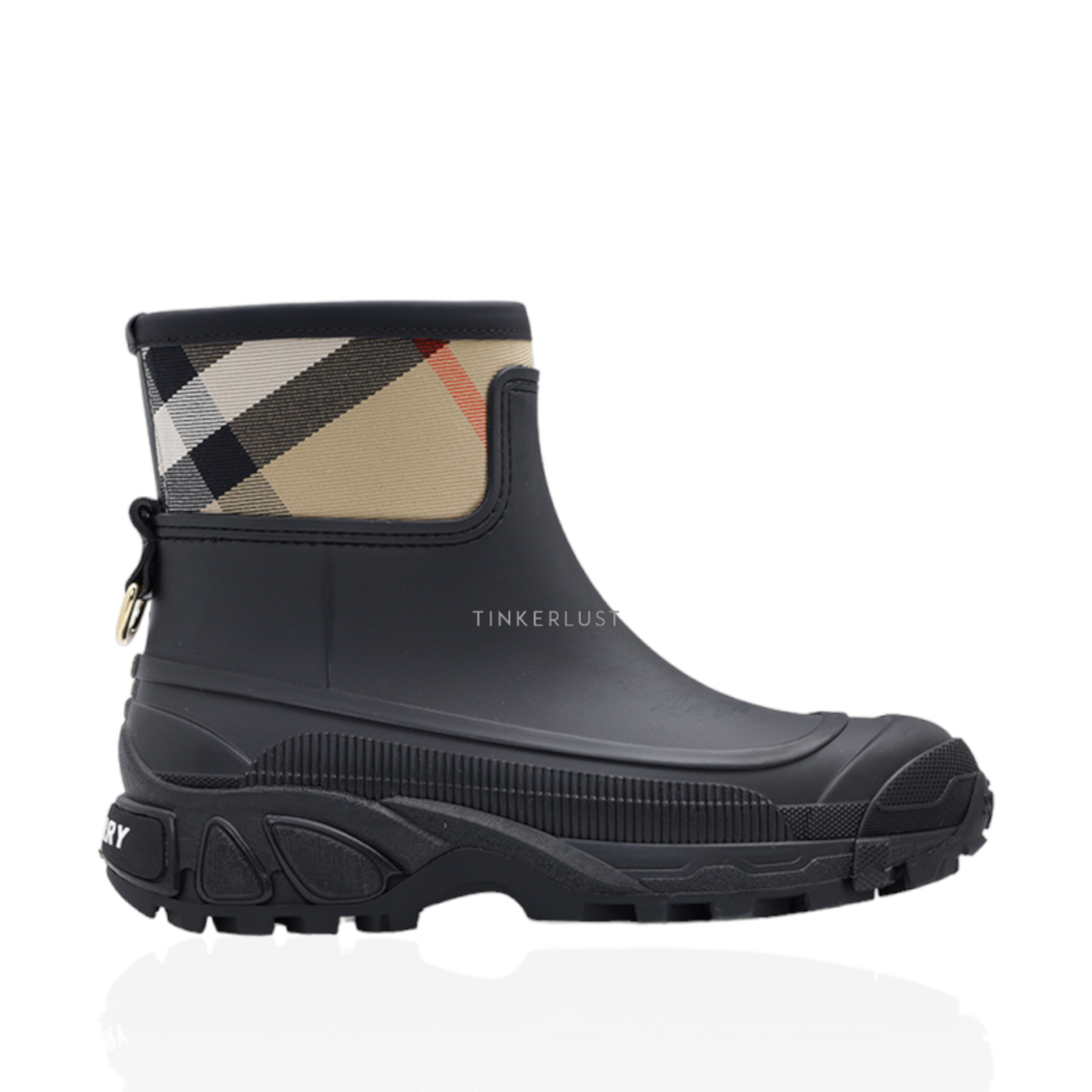 sepatu boots BURBERRY Women House Check Panel Rain Boots in Black Archive Beige Tinkerlust